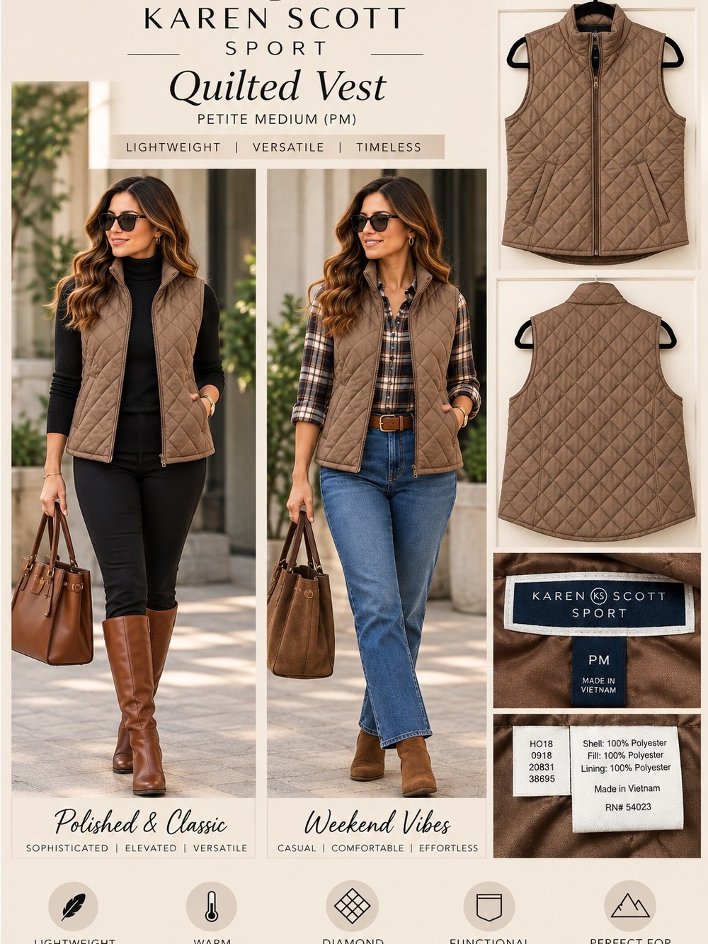 Karen Scott Sport Petite Medium Quilted Vest Taupe Brown Full Zip